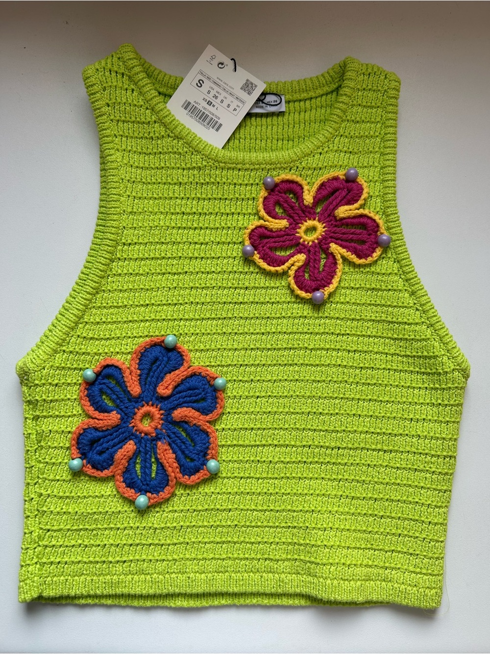 Zara Neon Lime Crochet Tank with Pink and Yellow Flower Appliqué